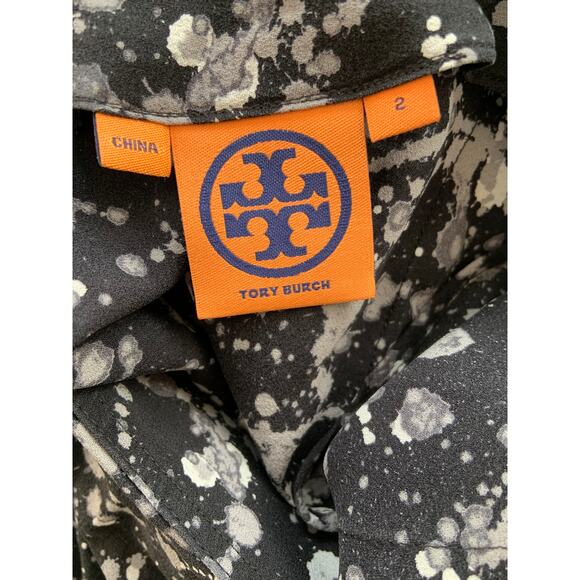 Tory Burch Blouse Top Black Paint Drip 100% Silk Zip Up Flutter Sleeve Ruffled 2 - Picture 5 of 6